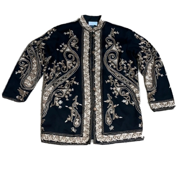Soft Surroundings Vintage 100% Wool Floral Embroidered Jacket Cardigan Black XS - Picture 1 of 11